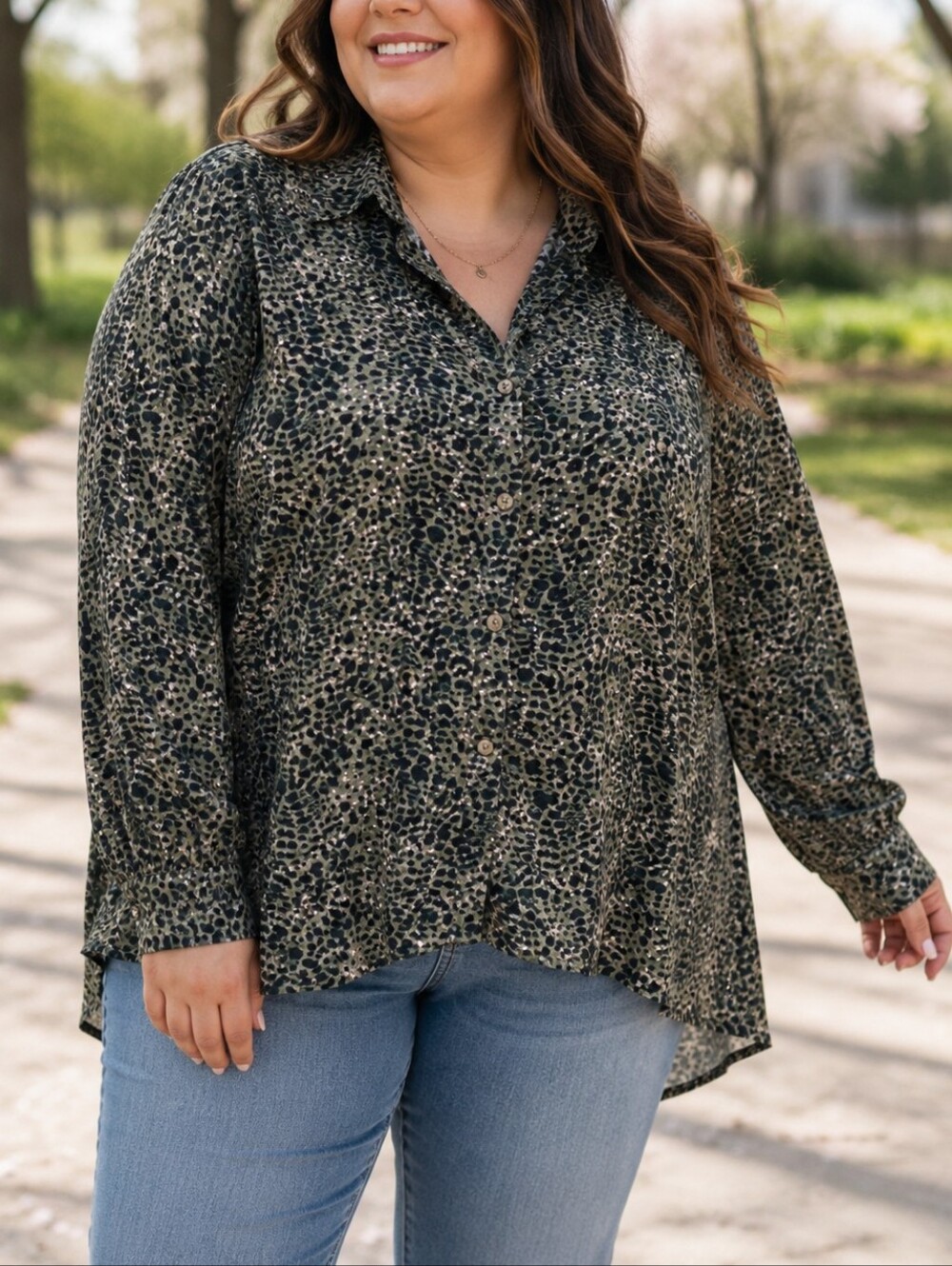 NWT Apricot Green Animal Print Button-Down Blouse | Safari Chic Lightweight
